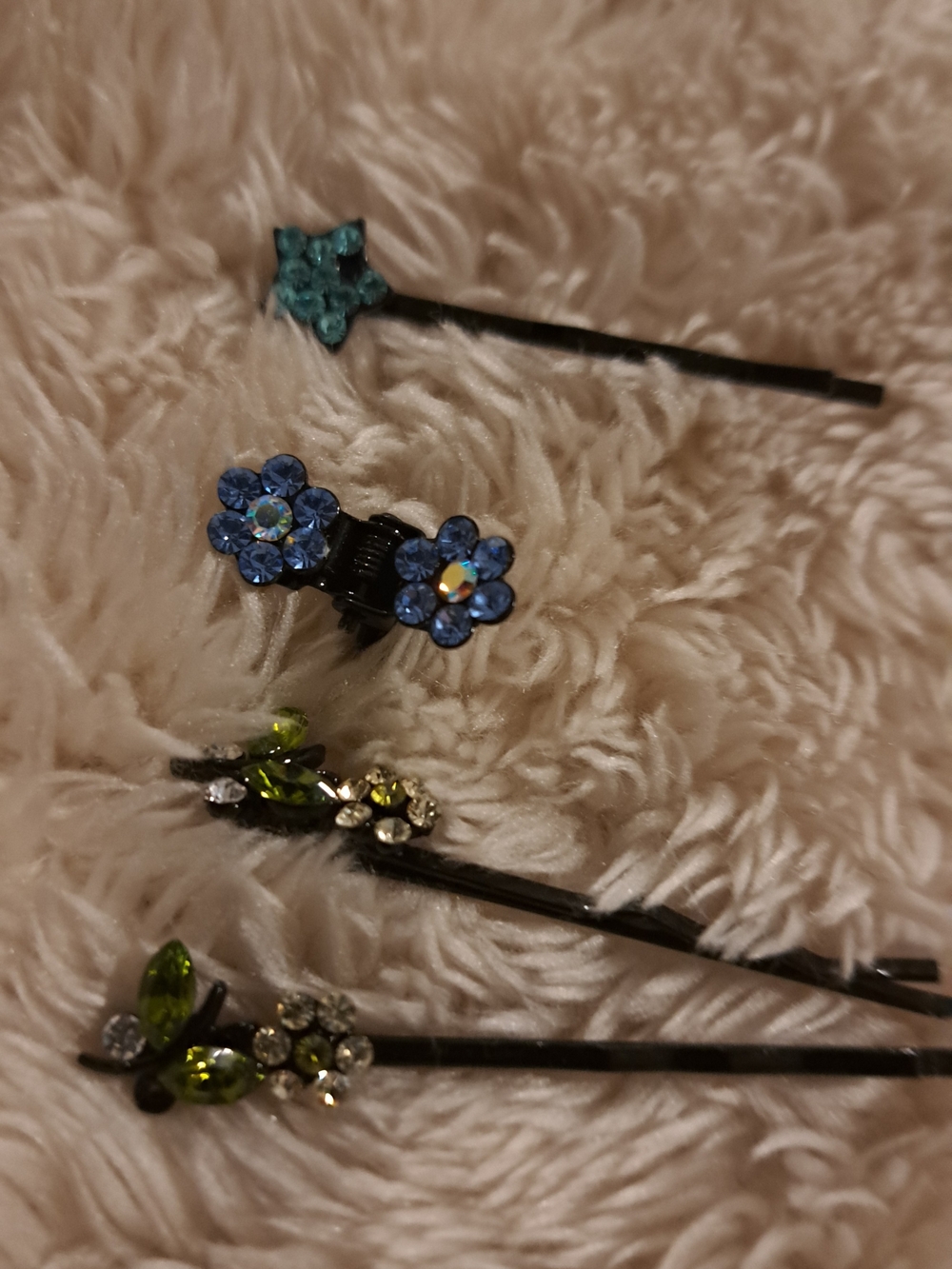 Blue and Green Crystal Flower Bobby Pin Set
